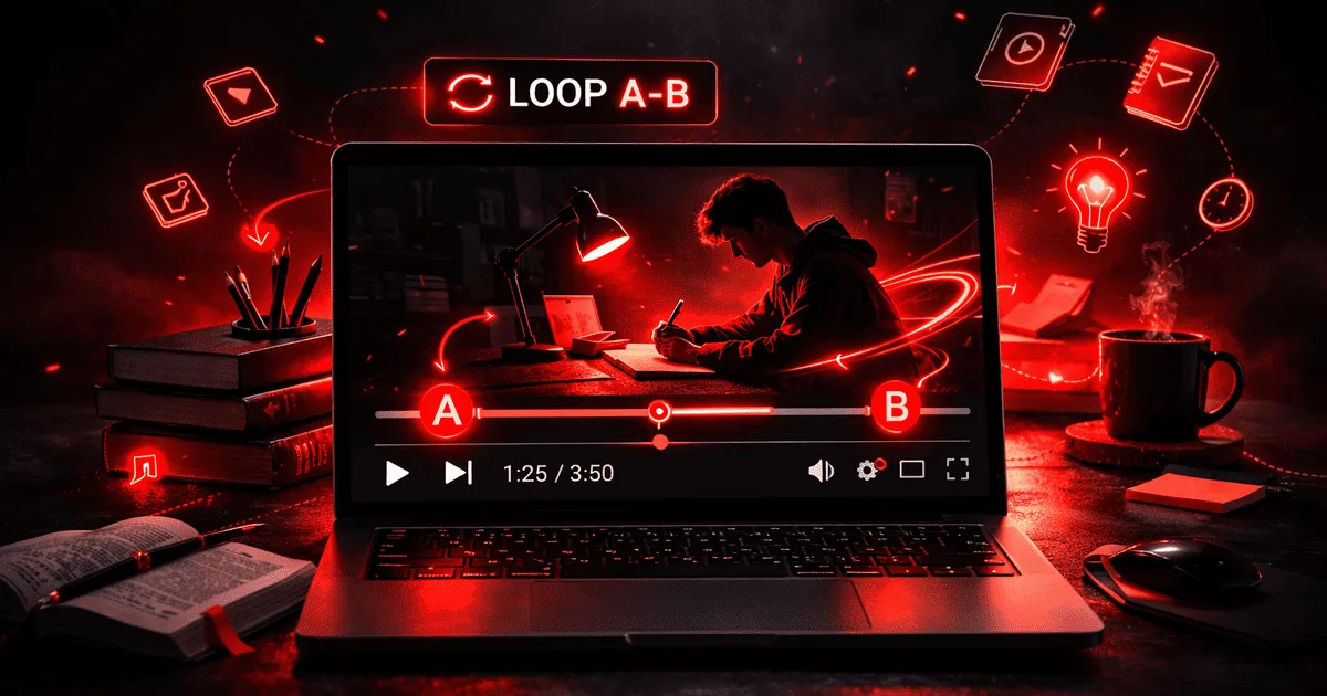 Student studying with YouTube loop tool on laptop
